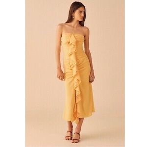 C/Meo Collective Vices Ruffle Midi Dress Marigold M Strapless Mermaid Fairy